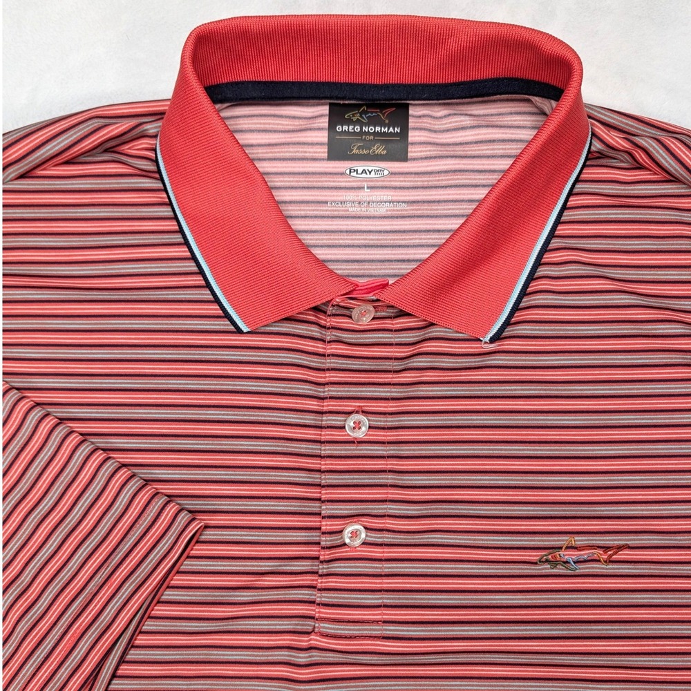 Greg Norman for Tasso Elba Mens Large Red Striped Play Dry Golf Polo Shirt Logo